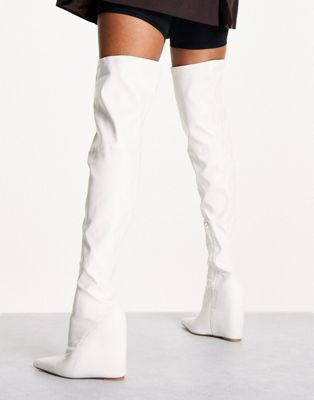 Public Desire Clarissa over the knee wedge heel boots in white - ASOS Price Checker