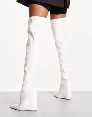 Public Desire Clarissa over the knee wedge heel boots in white - ASOS Price Checker