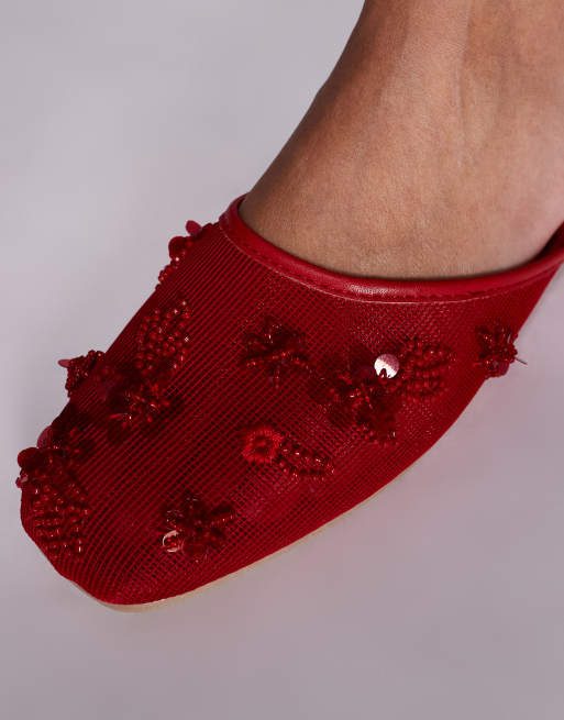 Public Desire - Clarkie - Røde slip-on mules i mesh med udsmykning, 2 af 4