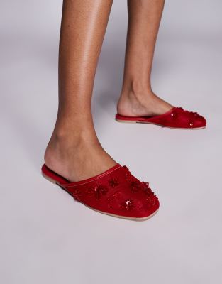 Public Desire - Clarkie - Slip-on-Pantolette in Rot aus Netzstoff mit Verzierungen