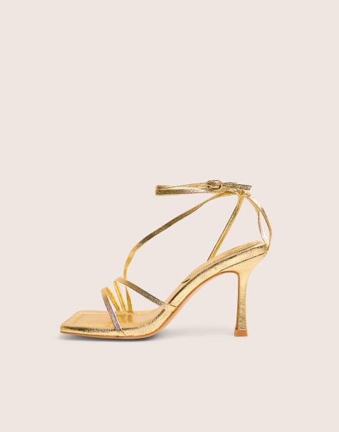 Public Desire Clover metallic square toe wrap around mid heels in gold - view 1