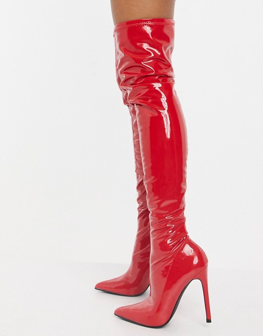 Public Desire Confidence over the knee boot in red vinyl