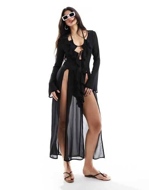 Public Desire Copricostume da mare lungo nero con volant ASOS
