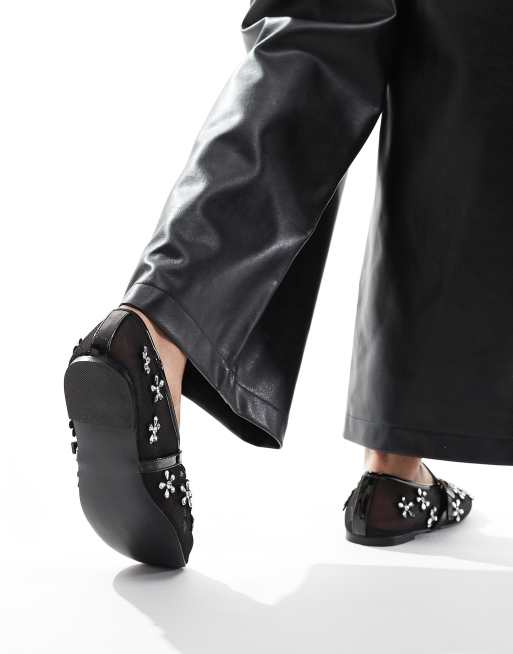 Public Desire Coquette mesh ballet flats with 3D embellished flowers in black, 2 of 4