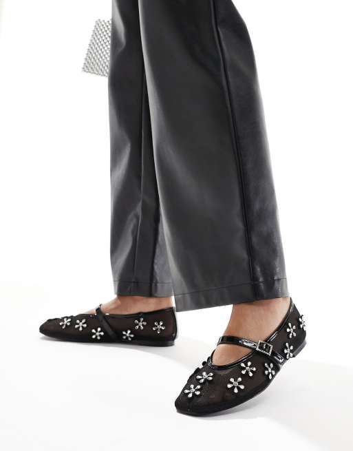 Public Desire Coquette mesh ballet flats with 3D embellished flowers in black, 3 of 4