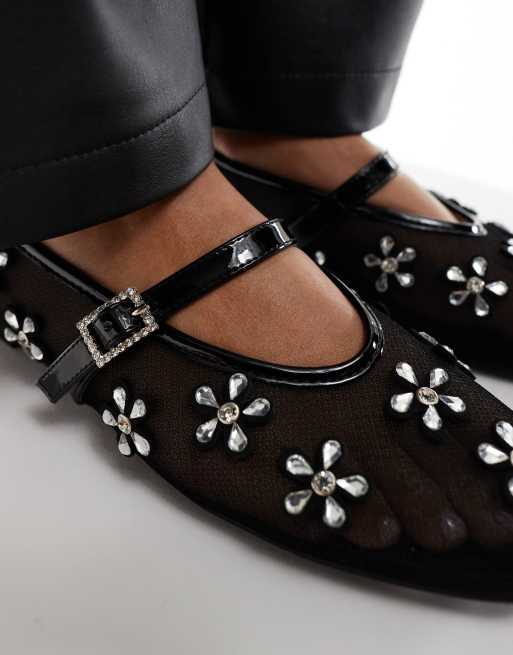 Public Desire Coquette mesh ballet flats with 3D embellished flowers in black, 4 of 4