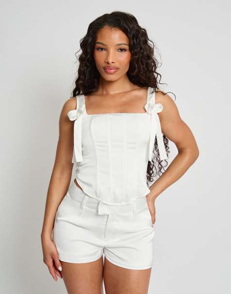 Public Desire Corset top with boning detail & bows straps in white - view 1