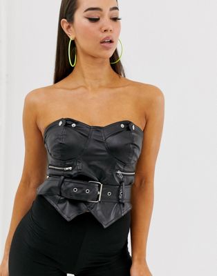 Public Desire corset top with zip and belt hardware in faux leather | ASOS