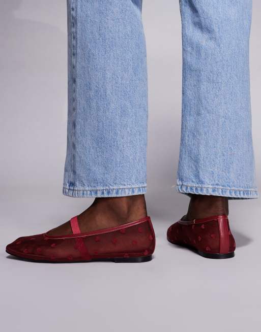 Public Desire Cove hearts ballet flats in burgundy mesh, 3 of 4