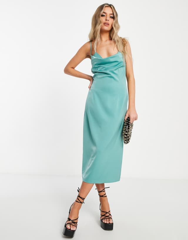 Public Desire cowl neck satin slip dress in aqua blue