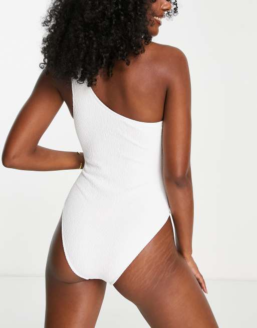 Public Desire crinkle one shoulder slash swimsuit in white , 2 of 4