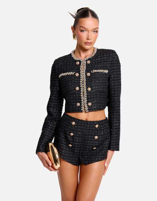 Public Desire Cropped long sleeve boucle button detail blazer in black, 2 of 4