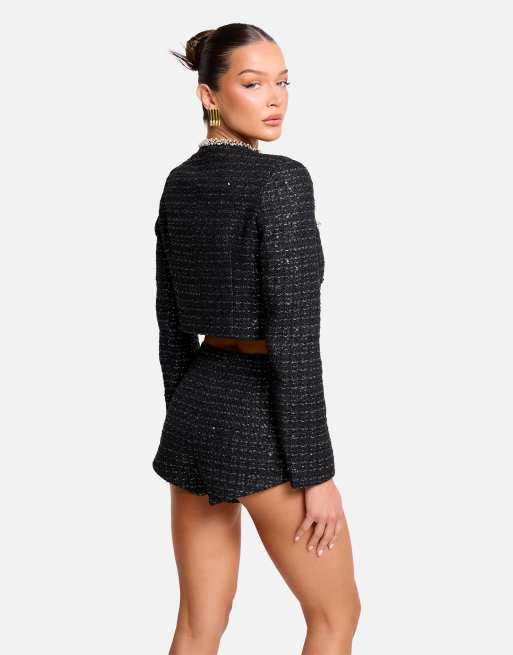 Public Desire Cropped long sleeve boucle button detail blazer in black, 4 of 4