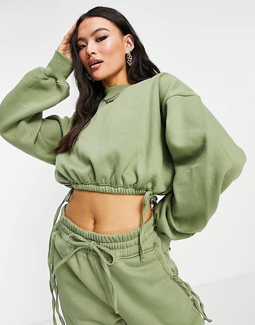 Public Desire cropped sweat with balloon sleeves co ord in olive
