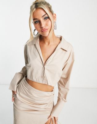 Public Desire cropped wide sleeve shirt co-ord in stone