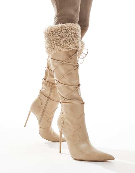 Public Desire Crusader fur trim pointed knee boots in cream - view 1