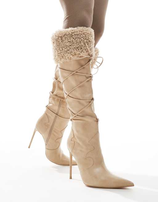 Public Desire Crusader fur trim pointed knee boots in cream