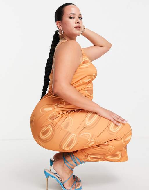 Public Desire Curve 70's inspired bodycon dress in brown print, 3 of 4