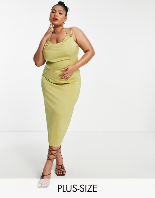 plus size green slip dress Public Desire Curve cowl neck in olive BRNO4