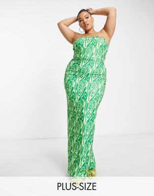 Public Desire Curve double layer bandeau maxi dress in green swirl