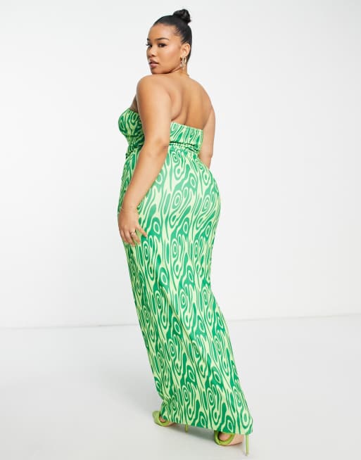 Public Desire Curve double layer bandeau maxi dress in green swirl