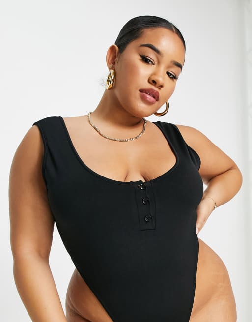 Black Rib High Cut Button Bodysuit