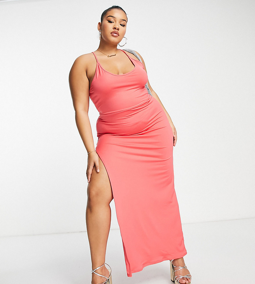 Public Desire Curve double layer slinky cami thigh slit maxi dress in coral-Pink