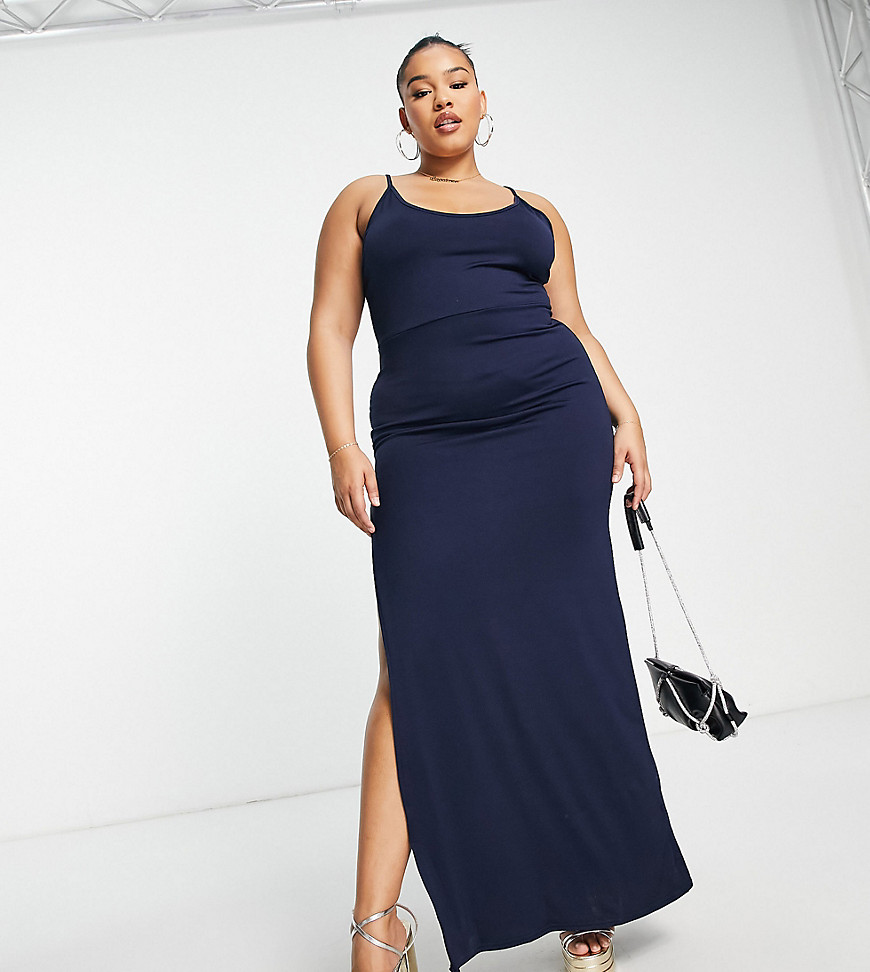 Public Desire Curve double layer slinky cami thigh split maxi dress in navy
