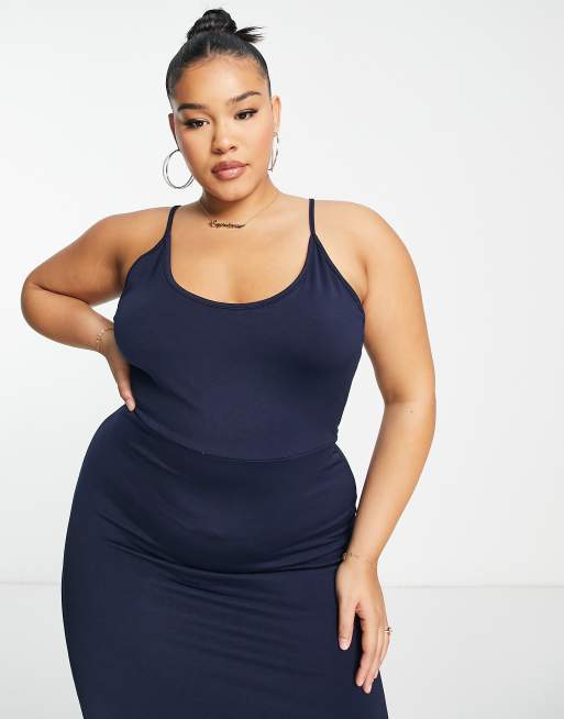 Public Desire Curve double layer slinky cami thigh split maxi dress in navy  | ASOS