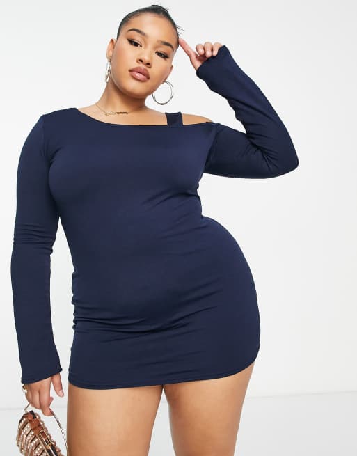 Public Desire Curve double layer slinky cold shoulder mini dress in midnight, 4 of 4