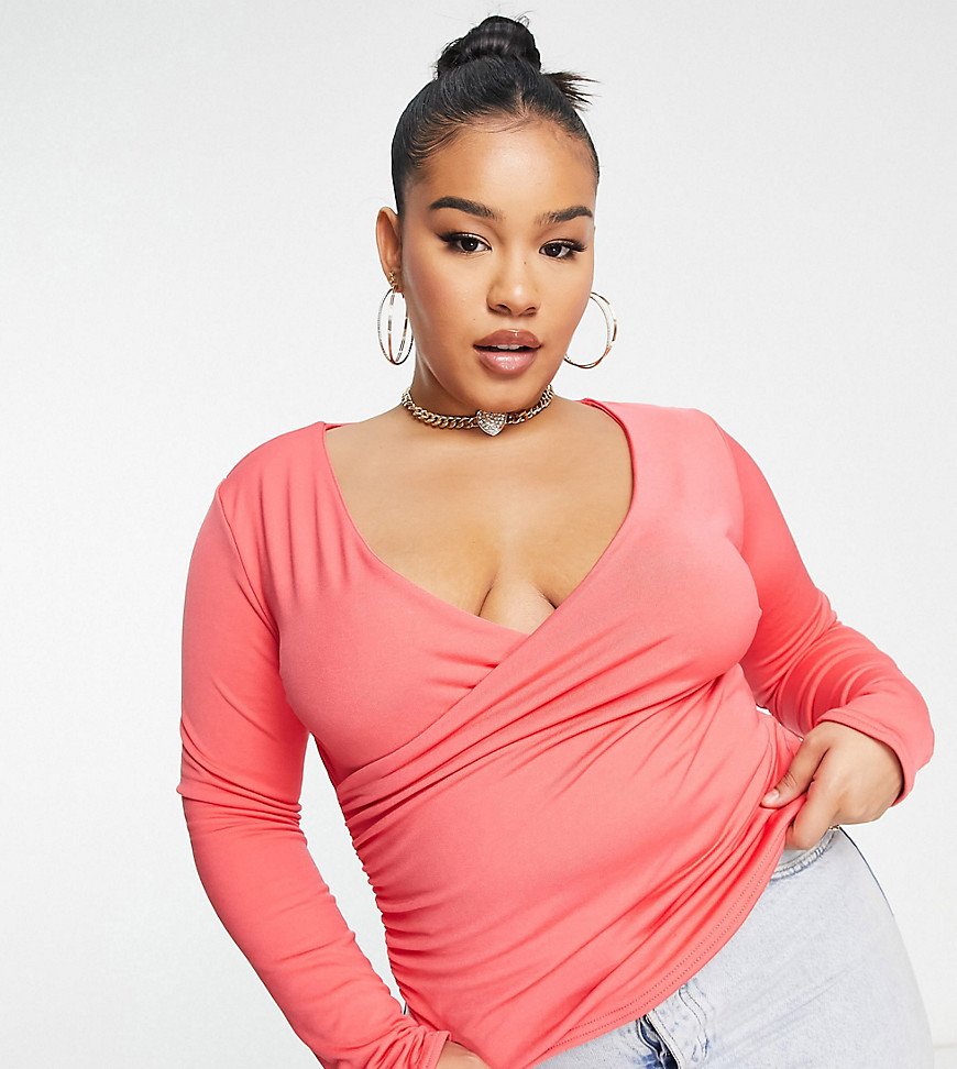 double layer slinky long sleeve crop top in coral-Pink