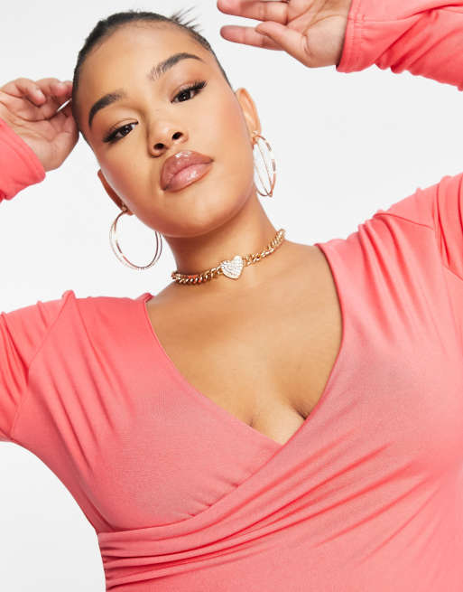 Public Desire Curve double layer slinky long sleeve crop top in coral, 2 of 4