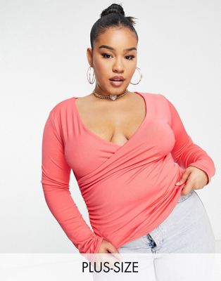 Public Desire Curve double layer slinky long sleeve crop top in coral