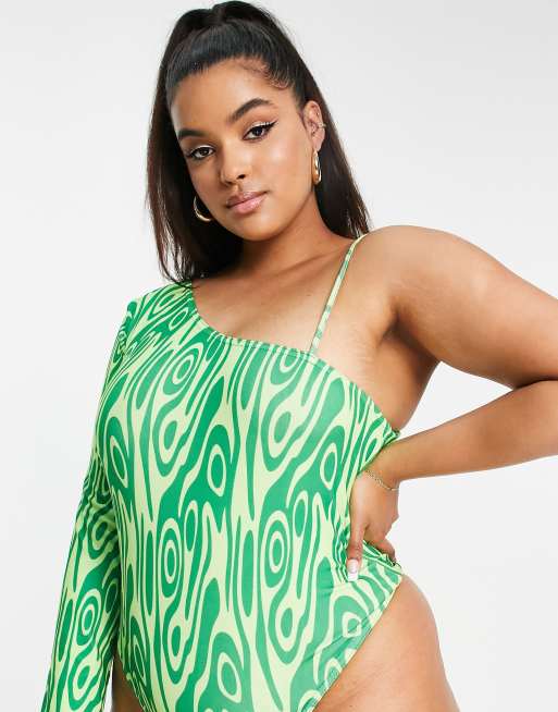 Public Desire Curve double layer slinky plunge bodysuit in green swirl, 4 of 4