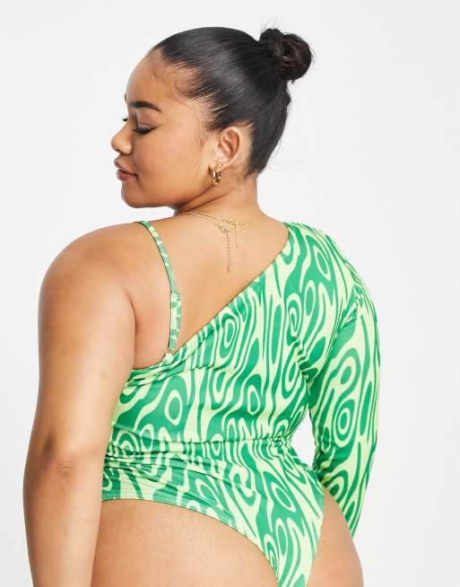 Public Desire Curve double layered high rise bodysuit in green swirl