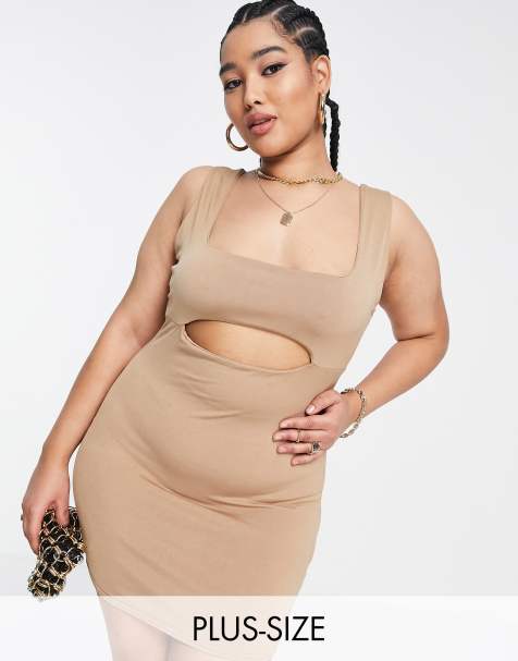 Public Desire Curve double layered slinky cut out mini dress in beige  - view 1