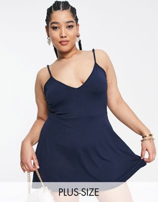 Public Desire Curve double layered slinky low back skater dress in navy