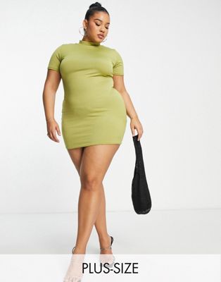 Public Desire Curve double layered slinky short sleeve mini dress in palm green