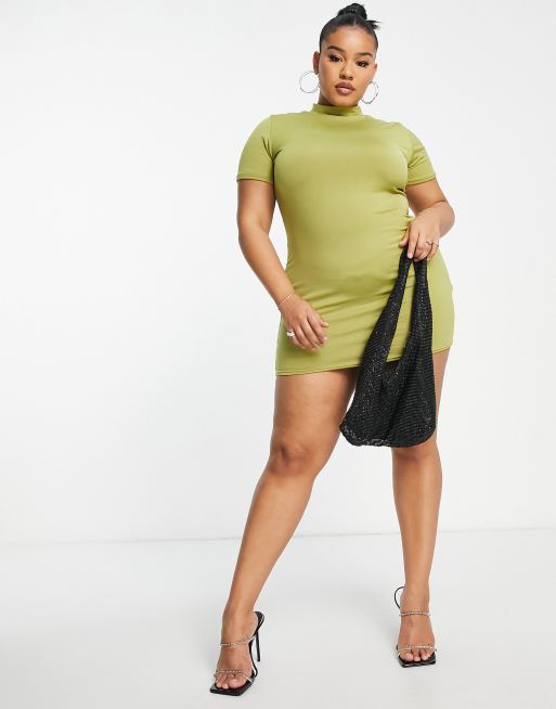 Public Desire Curve double layered slinky short sleeve mini dress in palm green, 3 of 4