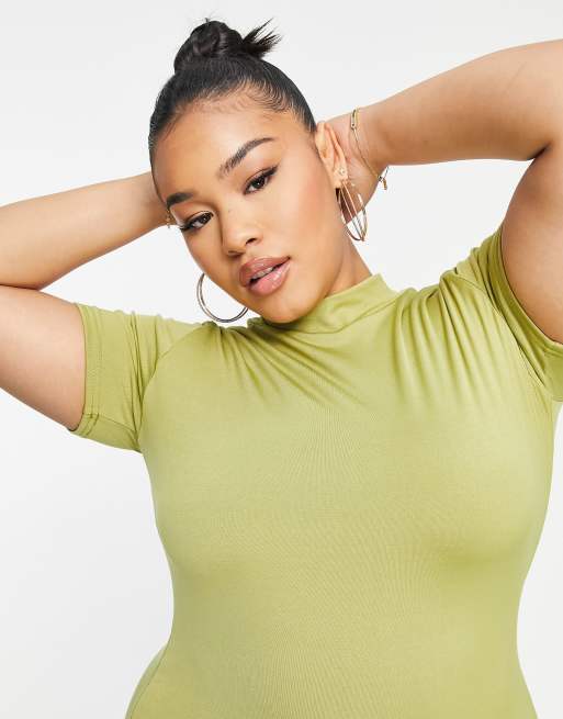 Public Desire Curve double layered slinky short sleeve mini dress in palm green, 4 of 4