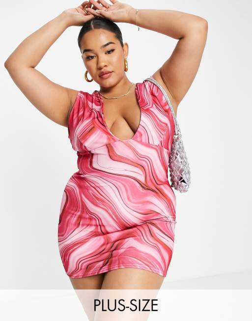 Public Desire Curve – Figurbetontes, zweilagiges Minikleid mit Wirbelmuster in Fuchsia und tiefem Ausschnitt