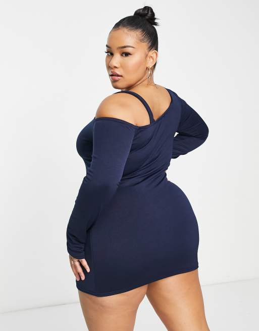 Public Desire Curve – Midnattsblå silkig miniklänning med cold shoulder-design i två lager, 3 av 4