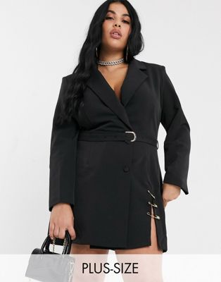Public Desire Curve mini belted blazer dress with safety pin hardware-Black