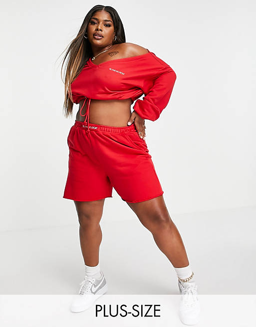 Public Desire Curve off shoulder crop sweat co ord in red