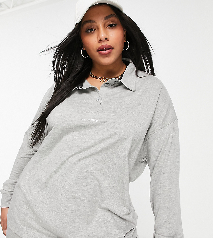 Public Desire Curve Oversized Polo Shirt With Slogan Front In Heather Gray-grey