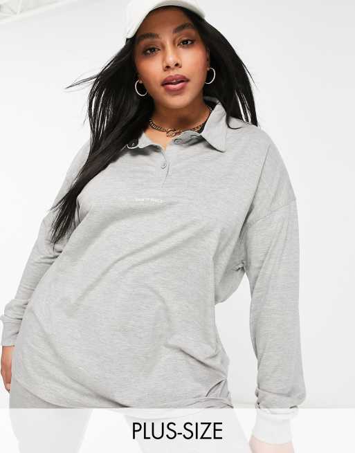 Public Desire Curve oversized polo shirt with slogan front in marl grey ...