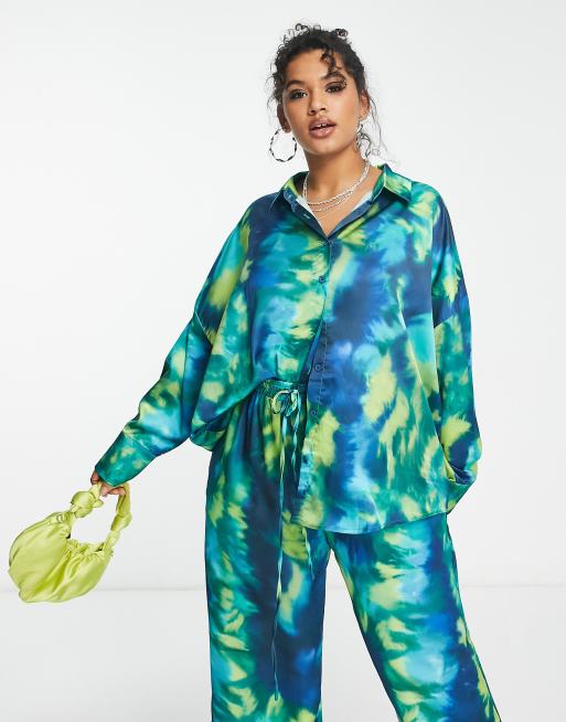 Public Desire Curve oversized satin shirt co-ord in blue smudge print ...