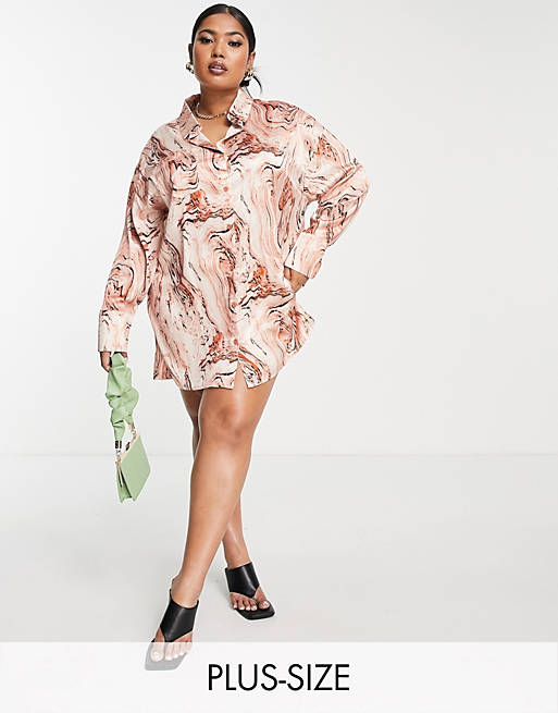 Public Desire Curve oversized satin shirt dress in brown marble