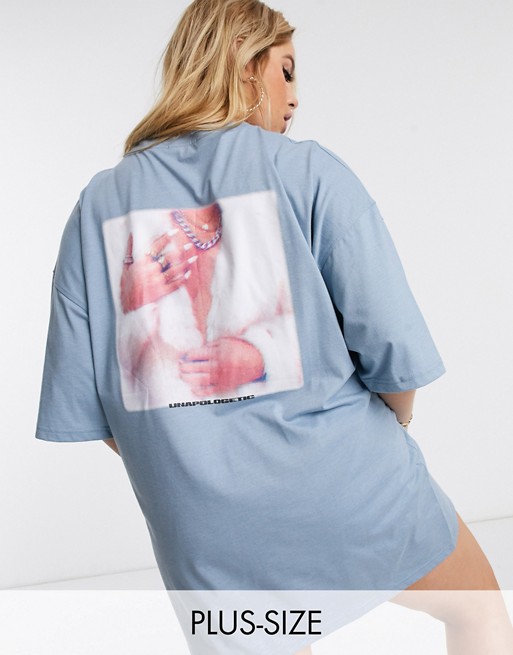 Public Desire Curve oversized t-shirt dress with unapologetic slogan and photo graphic