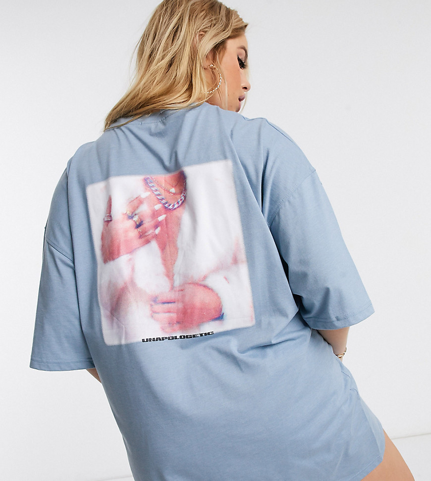 Public Desire - Curve - Oversized T-shirtjurk met slogan en fotoprint-Blauw